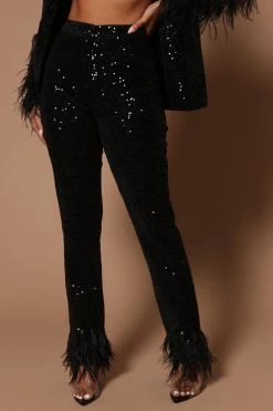 Fashion Nova Pants Anita Sequin Feather Trim Trouser - Black