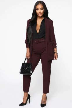 Fashion Nova Talia Belted Pants - Burgundy