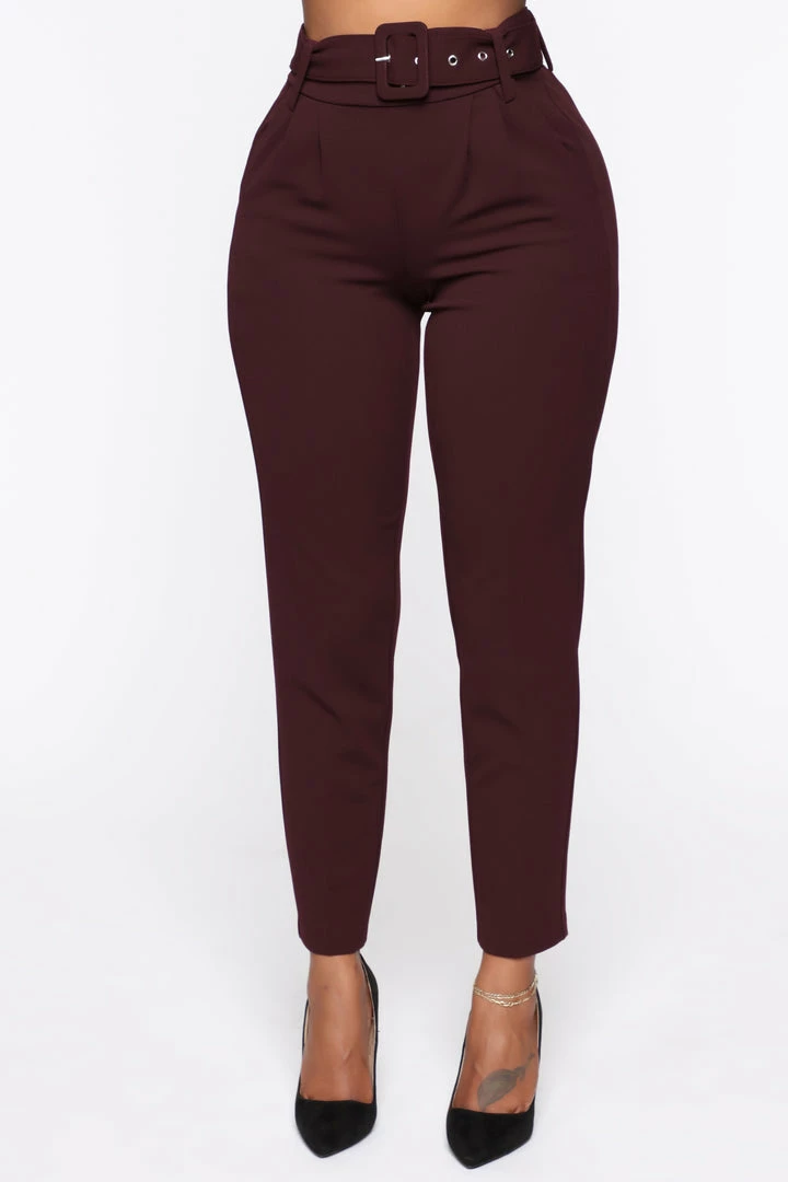 Fashion Nova Talia Belted Pants - Burgundy
