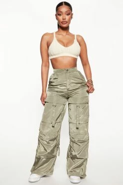 Fashion Nova Only For You Cargo Parachute Pant 32 - Olive Pants