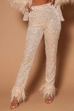 Fashion Nova Pants Anita Sequin Feather Trim Trouser - Cream
