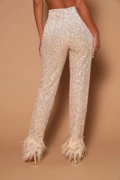 Fashion Nova Pants Anita Sequin Feather Trim Trouser - Cream