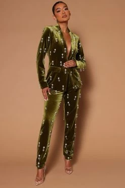 Fashion Nova Pants Chloe Embellished Velvet Pant - Chartreuse
