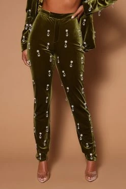 Fashion Nova Pants Chloe Embellished Velvet Pant - Chartreuse