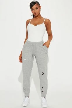 Fashion Nova Deanna Distressed Jogger - Heather Grey Pants