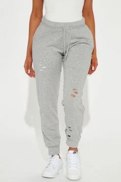Fashion Nova Deanna Distressed Jogger - Heather Grey Pants