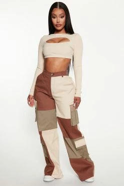 Fashion Nova Ready To Go Wide Leg Cargo Pant 32 - Brown/combo Pants