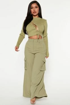 Fashion Nova Ray Of Light Wide Leg Trouser - Sage Pants