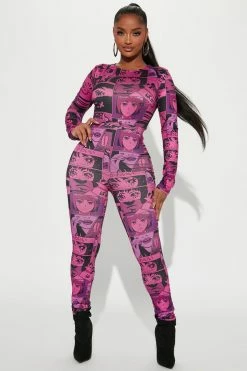 Fashion Nova Paige Print Anime Legging - Pink/combo Leggings