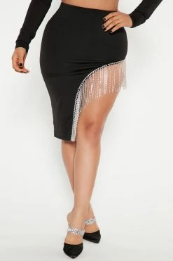 Fashion Nova Hollywood Forever Rhinestone Fringe Midi Skirt - Black Skirts & Skorts