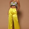 Fashion Nova Sadie Satin Wide Leg Pant - Chartreuse Pants