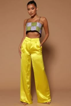 Fashion Nova Sadie Satin Wide Leg Pant - Chartreuse Pants
