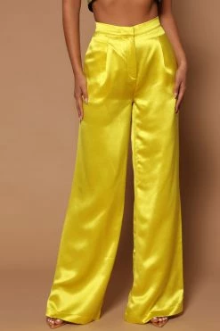 Fashion Nova Sadie Satin Wide Leg Pant - Chartreuse Pants