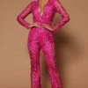 Fashion Nova Chantal Long Sleeve Lace Jumpsuit - Fuchsia