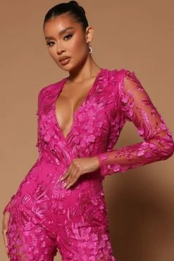 Fashion Nova Chantal Long Sleeve Lace Jumpsuit - Fuchsia