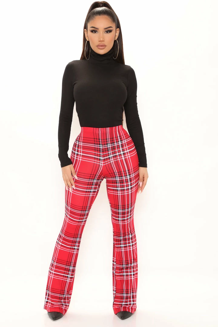 Fashion Nova Checkin' It Twice Flare Pant - Red/combo Pants