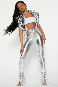 Fashion Nova Heat Wave Faux Leather Stacked Pants - Silver