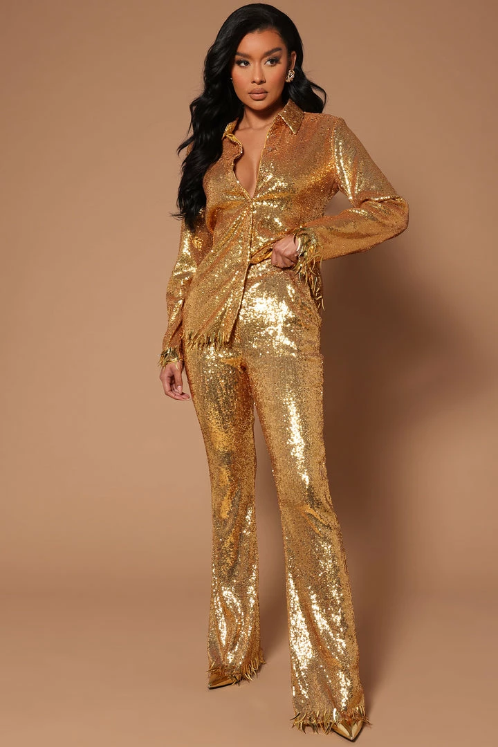 Fashion Nova Pants Piper Sequin Wide Leg Pant - Gold