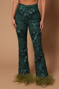 Fashion Nova Katrina Feather Trim Lace Pant - Green Pants
