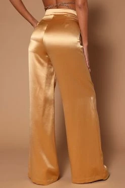 Fashion Nova Sadie Satin Wide Leg Pant - Gold Pants