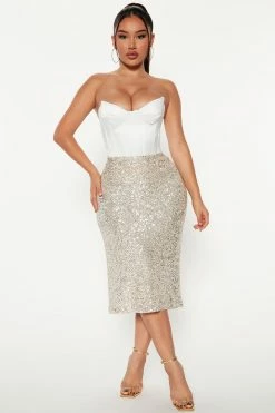 Fashion Nova Midnight Memories Sequin Midi Skirt - Champagne Skirts & Skorts