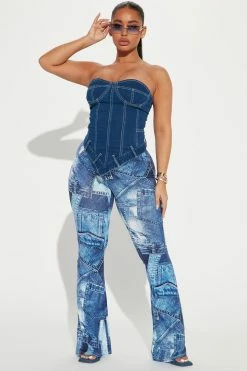 Fashion Nova Back In Time Printed Denim Flare Pant - Blue/combo