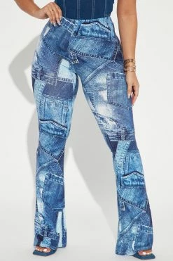 Fashion Nova Back In Time Printed Denim Flare Pant - Blue/combo