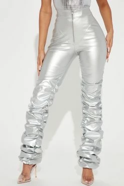 Fashion Nova Had Your Chance Faux Leather Stacked Pant - Silver Pants