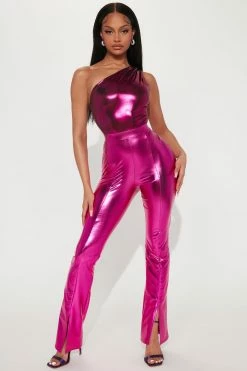 Fashion Nova Pants Your Wildest Dreams Metallic Flare Pant - Fuchsia
