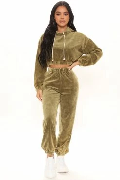 Fashion Nova Stay In With Me Velour Jogger - Olive Pants