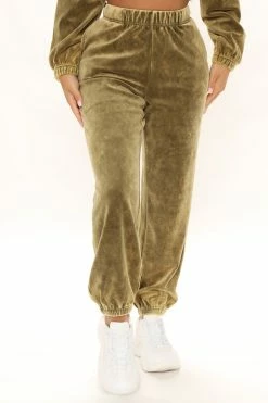 Fashion Nova Stay In With Me Velour Jogger - Olive Pants