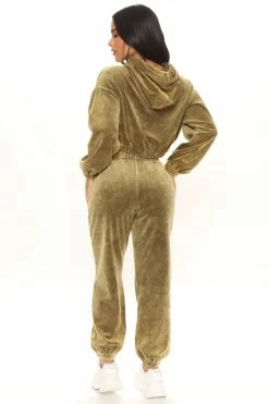 Fashion Nova Stay In With Me Velour Jogger - Olive Pants