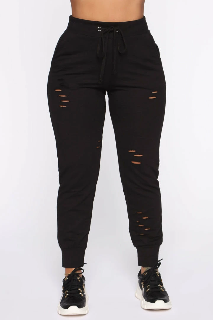 Fashion Nova Step Your Game Up Distressed Lounge Joggers - Black