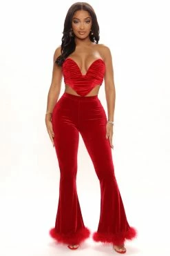 Fashion Nova Velvet Melodies Feather Flare Pant - Wine Pants