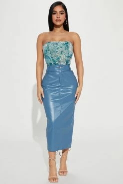 Fashion Nova Hard To Forget Faux Leather Midi Skirt - Slate Blue