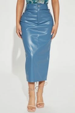 Fashion Nova Hard To Forget Faux Leather Midi Skirt - Slate Blue