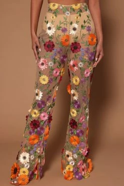 Fashion Nova Celena Embroidered Pant - Nude/combo