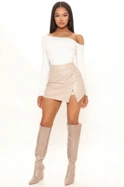 Fashion Nova Want You Around Faux Leather Skort - Nude