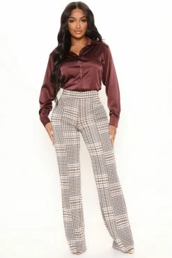 Fashion Nova Victoria High Waisted Dress Pant Mixed Plaid 35 - Brown Combo