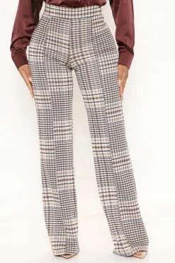 Fashion Nova Victoria High Waisted Dress Pant Mixed Plaid 35 - Brown Combo