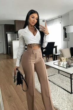 Fashion Nova Call It Even Wide Leg Dress Pants - Taupe