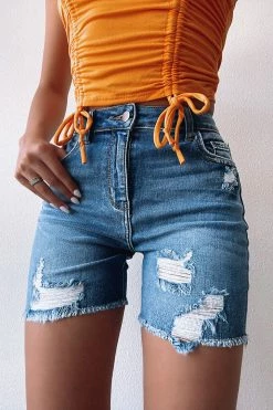 Fashion Nova Just My Type Ripped Denim Shorts - Medium Blue Wash