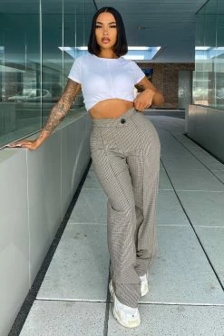 Fashion Nova Minding My Business Houndstooth Wide Leg Pant - Brown Pants