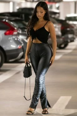 Fashion Nova Serves You Tight Faux Leather Stacked Pant - Black