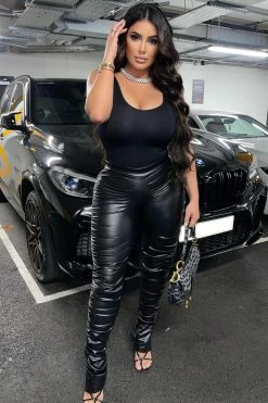 Fashion Nova Serves You Tight Faux Leather Stacked Pant - Black