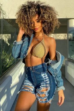 Fashion Nova Yes Now Distressed Bermuda Shorts - Dark Wash